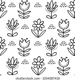 Seamless pattern with hand drawn flowers. Black and white pattern in line style, can use for wrapping paper, holidays background