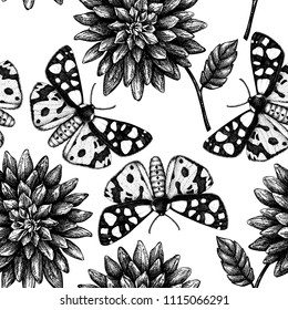 Seamless pattern with hand drawn  flowers and butterflies sketches. Vector autumn background. Vintage illustration of garden dahlia and tiger moth.