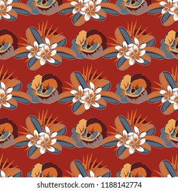 Seamless pattern with hand drawn flowers. Vector beautiful background of tiny flowers in white, red and orange colors.