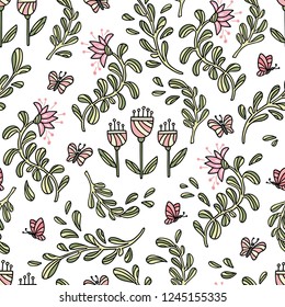 Seamless pattern with hand drawn flowers and butterfly. Can be used for wallpaper, poster design, wrapping paper, surface texture, web backgrounds, print on textile and covers. Vector illustration