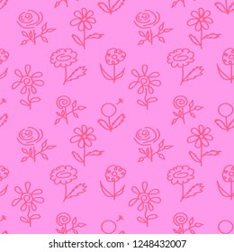 Seamless pattern with hand drawn flowers on pink background. Vector floral pattern, flower rose, tileable for wallpaper, card, wrapping paper, wedding invitation, textile, print, cover, bedclothes