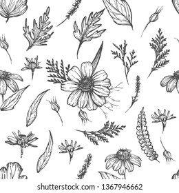 Seamless pattern with hand drawn flowers and leaves, vintage style