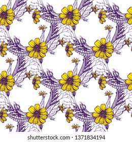 Seamless pattern with hand drawn flowers and leaves