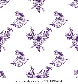 Seamless pattern with hand drawn flowers and leaves