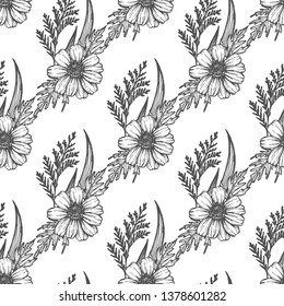 Seamless pattern with hand drawn flowers and leaves, vintage style