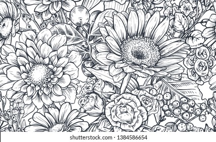 Seamless pattern with hand drawn flowers and plants in sketch style. Monochrome vector endless nature background