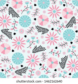 Seamless pattern with hand drawn flowers and leaves.