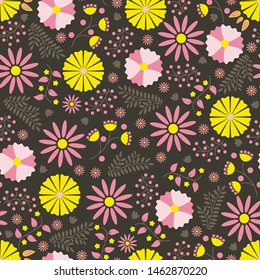 Seamless pattern with hand drawn flowers and leaves.