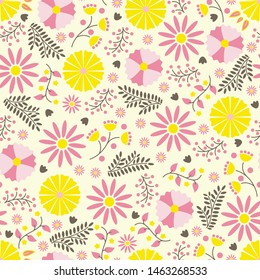 Seamless pattern with hand drawn flowers and leaves.