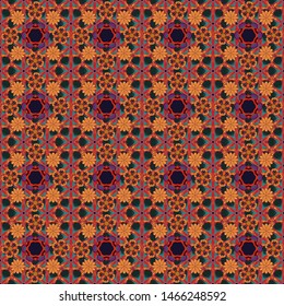 Seamless pattern with hand drawn flowers. Vector beautiful background of tiny flowers in orange, blue and red colors.