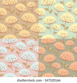 Seamless pattern with hand drawn flowers in four color variations