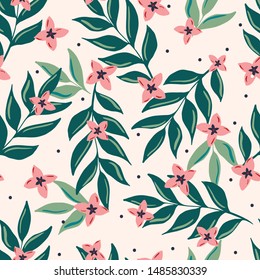 Seamless pattern with hand drawn flowers and floral branches Repeating background for wrapping paper, fabric, stationery products decoration.