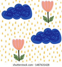 Seamless Pattern with Hand Drawn Flowers Clouds and drops In Scandinavian Style. Cute Nursery Floral Print in blue, pink and yellow. For prints on fabric, packaging, postcards. Vector Illustration