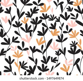 Seamless pattern with hand drawn flowers on white background. Vintage repeat background. Vector floral texture.