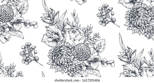 Seamless pattern with hand drawn flowers and plants in sketch style. Monochrome vector endless nature background for wedding romantic design