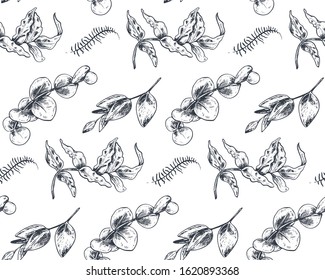 Seamless pattern with hand drawn flowers and plants in sketch style. Monochrome vector endless nature background for wedding romantic design.