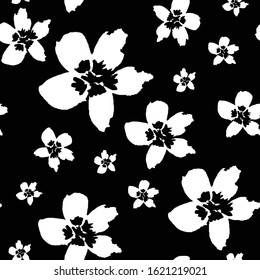 Seamless pattern with hand drawn flowers. Monochromatic. Doodle style. Simple flat botanical illustration. Tropical floral texture. For wedding design. For textile, wallpaper and wrapping paper