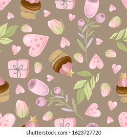Seamless pattern with hand drawn flowers. March 8. Vector illustration. Printing on fabric, paper, cards, invitations.