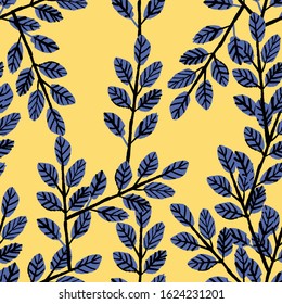 Seamless pattern with hand drawn flowers. Tree branches with leaves. Autumn tree. Classic blue and yellow print. Floral doodle ornament. Ecology. For post cards, textile wallpaper and wrapping paper
