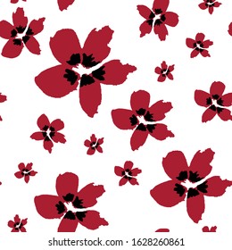 Seamless pattern with hand drawn flowers. Red and black color. Doodle style. Simple flat botanical illustration. Tropical floral texture. For wedding design. For textile, wallpaper and wrapping paper