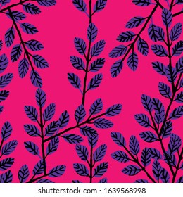 Seamless pattern with hand drawn flowers and leaves. Magenta and violet background. Doodle style. Rustic ornament. Ecology botany. For post cards, scrapbooking, textile, wallpaper and wrapping paper