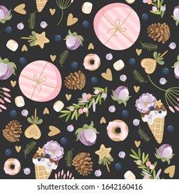 Seamless pattern with hand drawn flowers. March 8. Vector illustration. Printing on fabric, paper, cards, invitations.