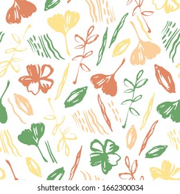 Seamless pattern with hand drawn flowers and ginkgo leaves.