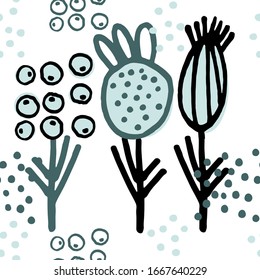 Seamless pattern. Hand drawn flowers, inflorescences, burdocks, berries on white background. Pine needle and mint green color palette