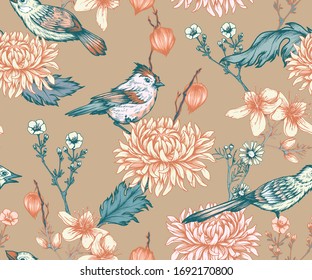 Seamless pattern with hand drawn flowers and birds