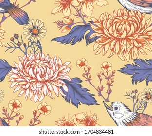Seamless pattern with hand drawn flowers and birds
