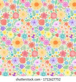Seamless pattern with hand drawn flowers for design. 