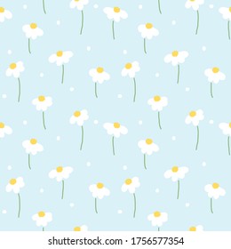 Seamless Pattern of Hand Drawn Flowers on Light Blue Background