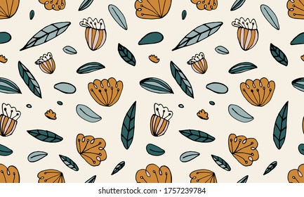 Patrón sin foco con flor dibujada a mano cabeza y hojas. Ilustración del doodle. Elementos florales simples aislados en fondo blanco