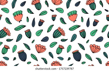 Seamless pattern with hand drawn flowers heads and leaves. Doodle illustration. Simple floral elements isolated on white background