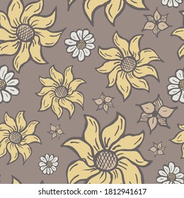 Seamless pattern with hand drawn flowers. For packaging, wrappers, fabric design and others. Vector doodle background in pastel colours.
