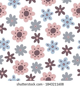Nahtloses Muster mit handgezeichneten Blumenobjekten auf weißem Hintergrund. Doodle, einfache Abbildung. Es kann für die Dekoration von Textilien, Papier und anderen Oberflächen verwendet werden.