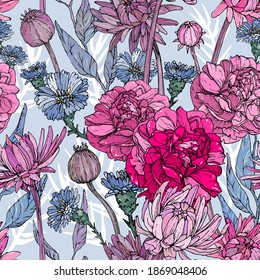 Seamless pattern with hand drawn flowers and brunchs. Vector illustrations.