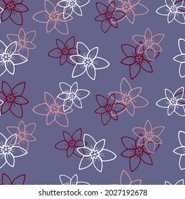 Patrón sin foco de flores dibujadas a mano blanco, rosa, magenta sobre el fondo lila. Ilustración colorida del vector floral botánico