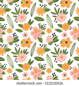 Seamless pattern with hand drawn flowers for kids textile, apparel. Childish print with blooming summer plants. Pastel background for textile. 