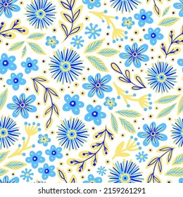 Seamless pattern with hand drawn flowers and leaves.