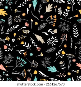 Seamless pattern with hand drawn flowers. Trendy texture for wrapping, fabric, print, textile, wallpaper. Floral background. Vector illustration