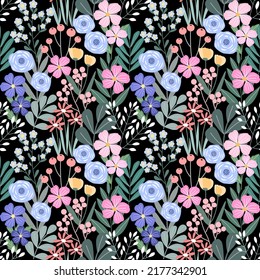 Seamless pattern with hand drawn flowers. Background for textile, wrapping paper, fashions, illustrations.