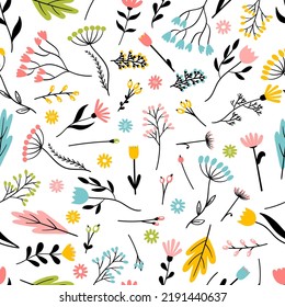 Seamless pattern with hand drawn flowers. Floral background. Trendy texture for textile, print, wrapping, fabric, wallpaper. Vector illustration