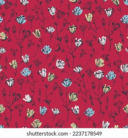 Seamless pattern with hand drawn flowers in Color of the year Viva Magenta for surface design and other design projects