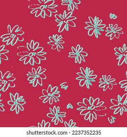 Seamless pattern with hand drawn flowers in Color of the year Viva Magenta for surface design and other design projects