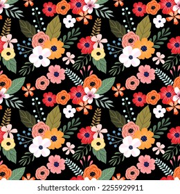 Seamless pattern with hand drawn flowers. Background for textile, wrapping paper, fashions, illustrations.