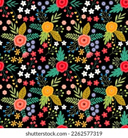 Patrón sin foco con flores dibujadas a mano. Antecedentes para textiles, papel envolvente, modas, ilustraciones.