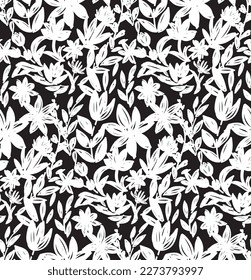 Seamless pattern with hand drawn flowers and leafs in black and white. Vector graphic illustration for fashion t shirt, textile design, all over printing. Grunge block stamped style