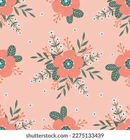 Patrón sin fisuras dibujado a mano   flores y ramas con hojas sobre fondo rosado.