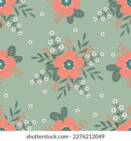 Seamless pattern with hand drawn   flowers and branch with leaves on green background.